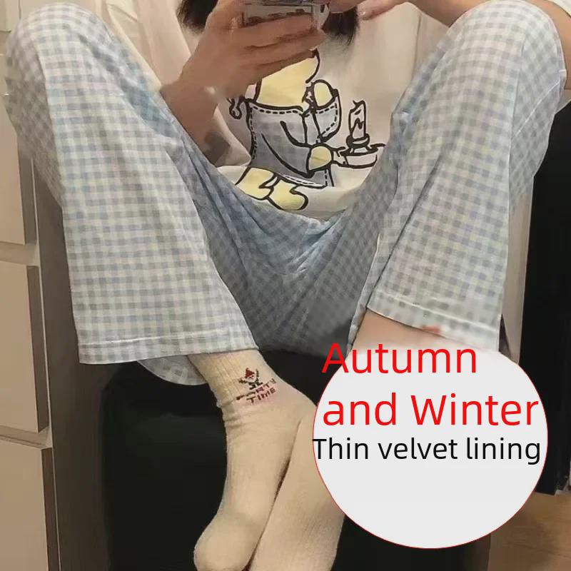 Женская теплая флисовая пижама прямого покроя: Осенне-зимние повседневные брюки для прогулок и ношения на открытом воздухе