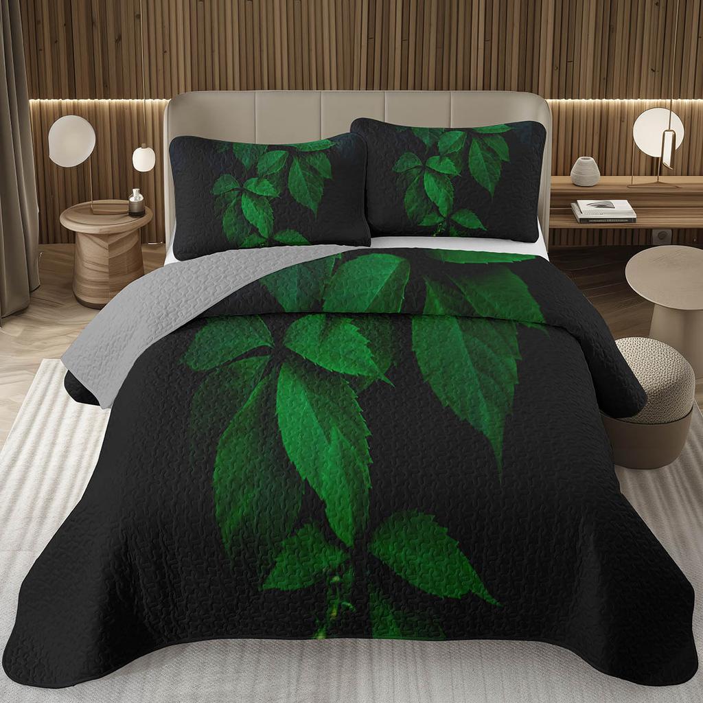Green Leaves Bedspread Twin Queen Size Farmhouse Botanical Plant Coverlet Sets Spring Nature Leaf Quilt Set for Kids Teen Adults