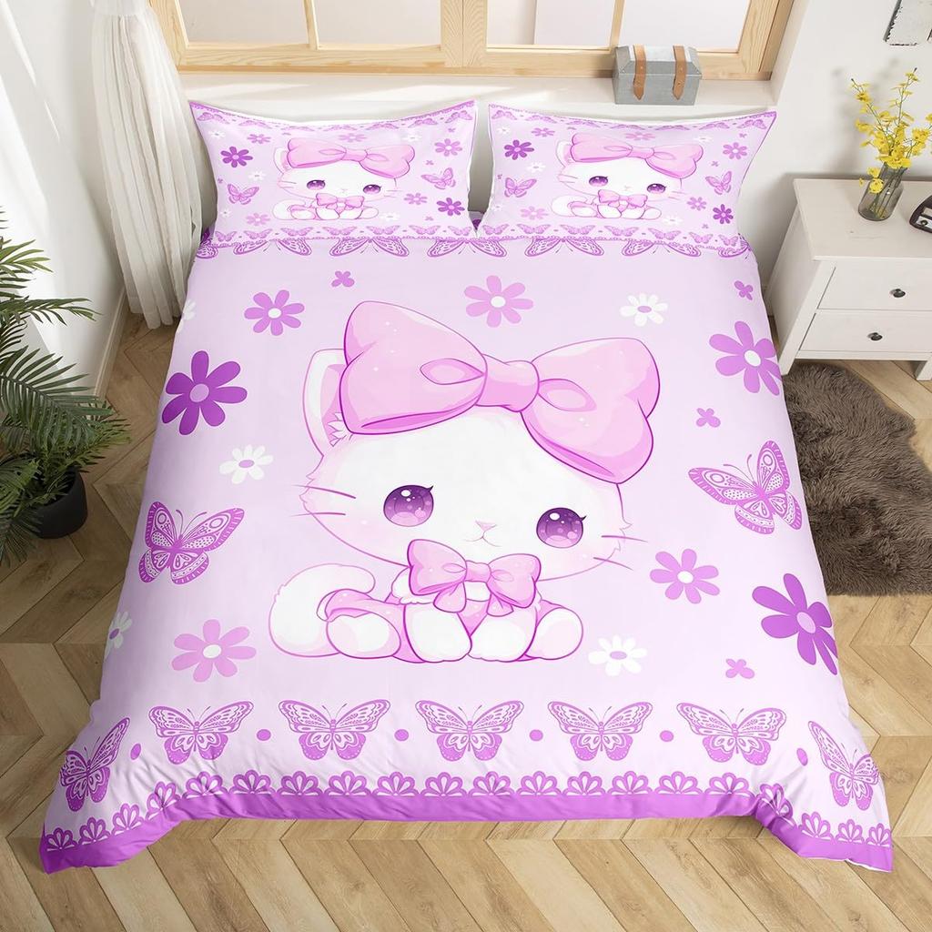 Cartoon Cat Pattern Duvet Cover Queen King Size Soft Bedding Set For Girls Toddlers Teens 3 Piece Set With 2 Pillowcases