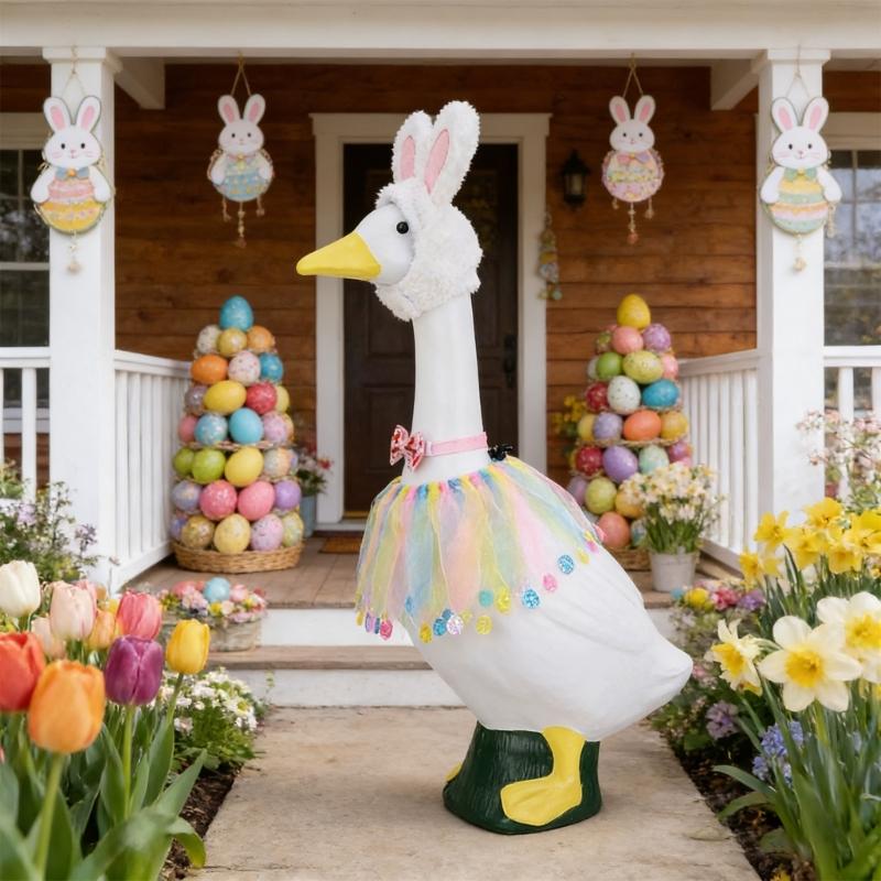 Easter Porch Geese Dress Costume with Dress Hat Bowtie Porch Geese Statue Outfit For Garden Yard Festival Decoration