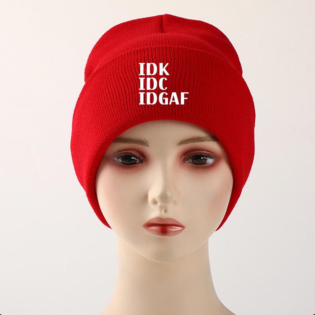 IDK IDC IDGAF" Winter Knit Hat Beanie, White Text Skullies Beanies Warm Winter Sporting Gorro Knitted Cap Beanie