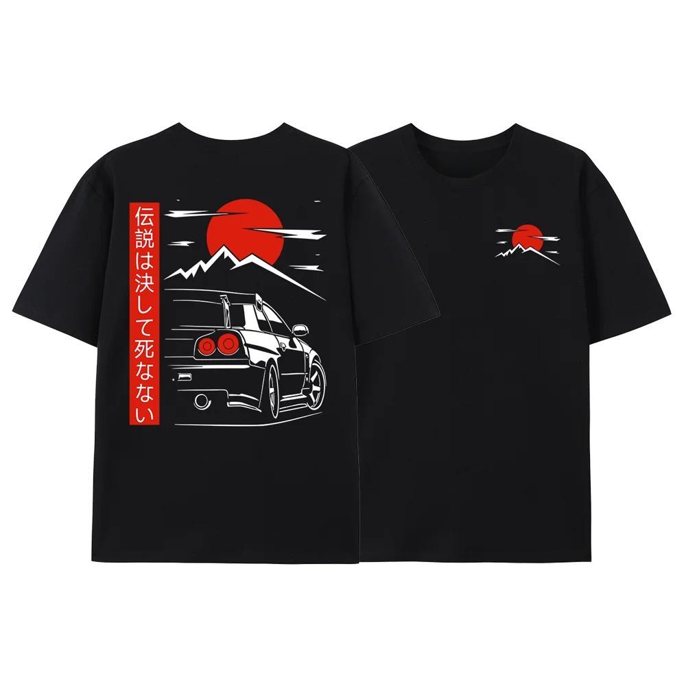 2025 New Japanese Style Car Printed Round Neck Tshirt for Mens Street Large Casual Cotton Outdoor Hip Hop Short Sleeve