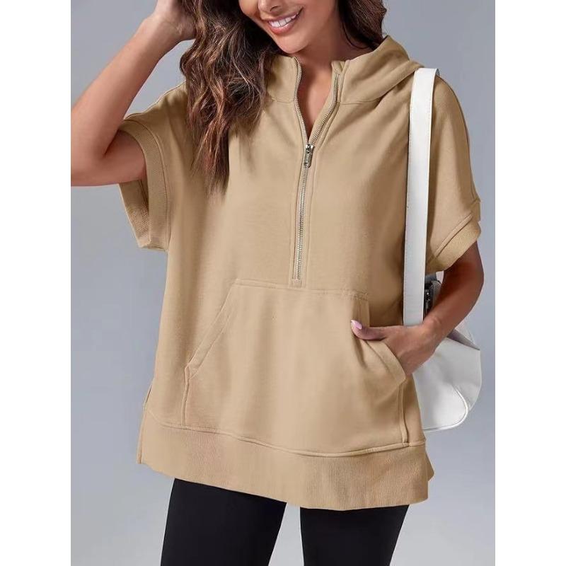 Женская весенняя новая однотонная повседневная толстовка с коротким рукавом и капюшоном