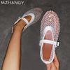 Женские сетчатые босоножки с кристаллами на плоской подошве, повседневные модные лоферы, женская обувь 2024 года, трендовая осенняя модельная обувь, удобная новая Mujer Zapatos