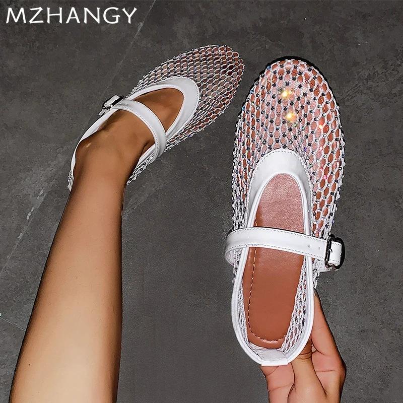 Женские сетчатые босоножки с кристаллами на плоской подошве, повседневные модные лоферы, женская обувь 2024 года, трендовая осенняя модельная обувь, удобная новая Mujer Zapatos