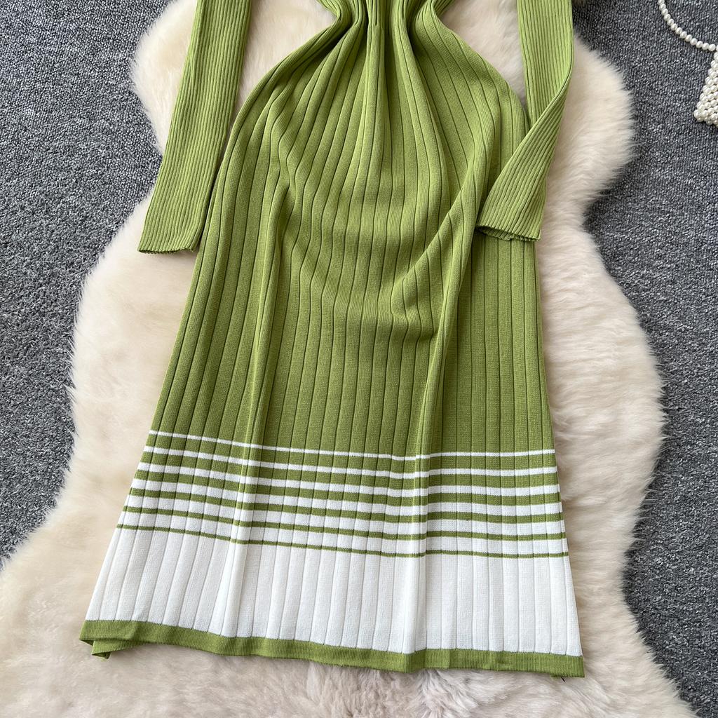 Spring Autumn Women Elegant O-neck Striped Knitted Sweater Long Midi Pullover Dresses