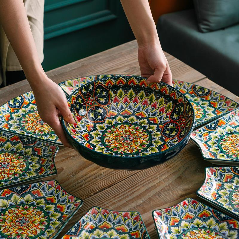Европейская Богемная Керамическая Миска Бытовая Тарелка Миска для Лапши Быстрого Приготовления Посуда Креативный Набор Посуды Индивидуальности Обеденные Тарелки