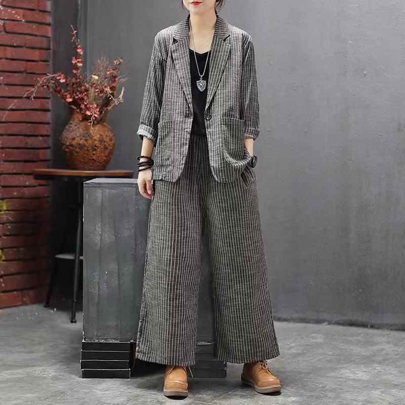 Осенне-зимний женский комплект в винтажную полоску, свободный костюм из двух предметов, брюки