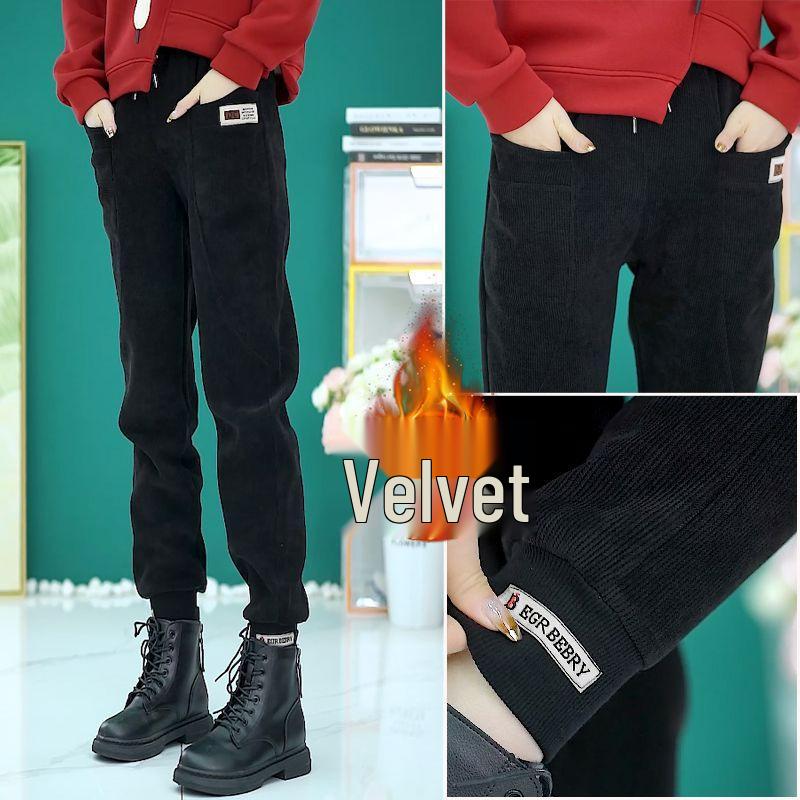 Женские европейские хлопковые велюровые утепленные спортивные штаны - Теплые брюки свободного кроя для осени/зимы 2024