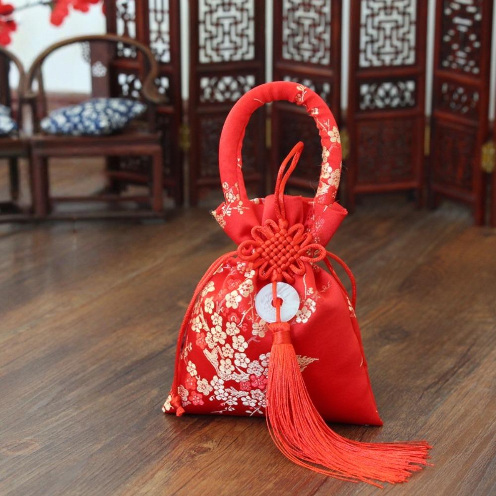 Chinese Style Canvas Flower Drawstring Bag Dragon Phoenix Chinese Knot Tassel Handbag Korean Style Jewerly Packing Bag