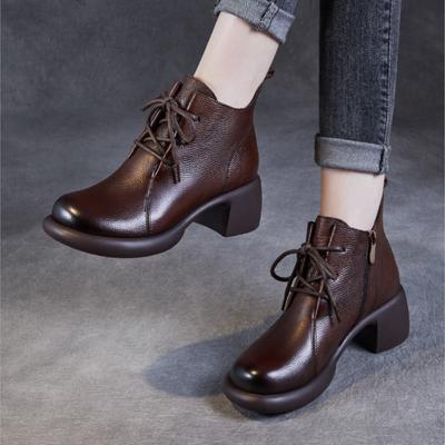 Короткие сапоги ручной работы в стиле ретро на среднем каблуке с круглым носком на шнуровке из натуральной кожи для женщин