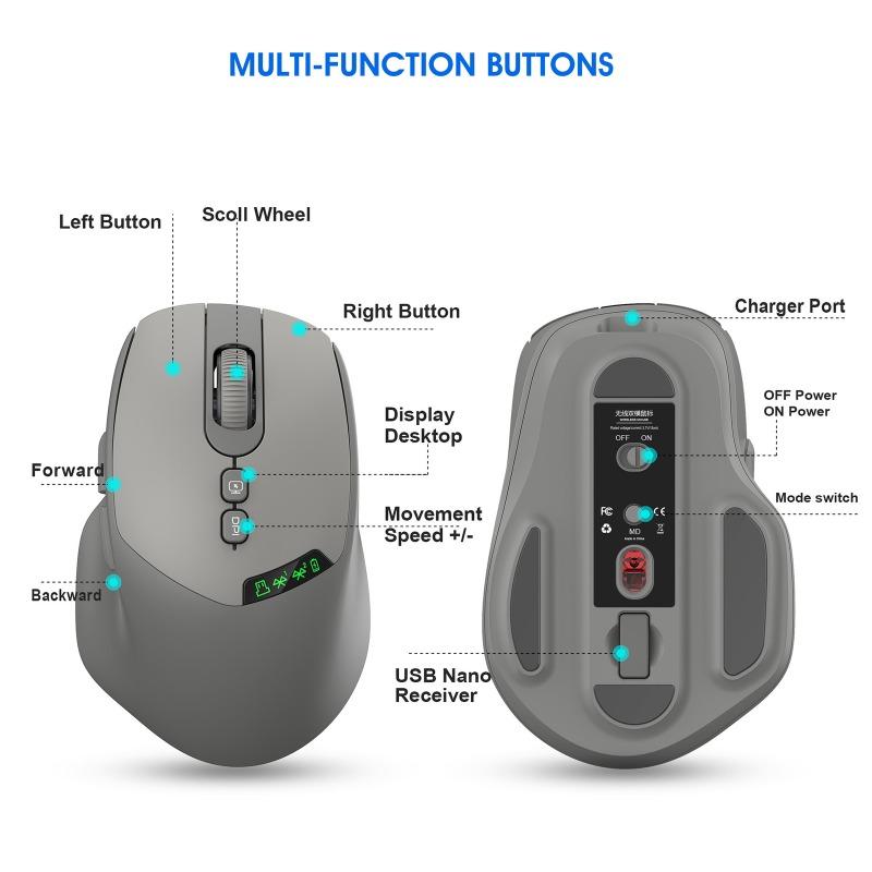 Беспроводная мышь с двойным режимом 2,4G + Bluetooth, с цифровым экраном, бесшумная, эргономичный дизайн, универсальная для офиса