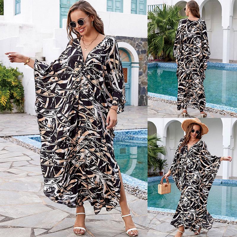 European & American Cotton Print Plus Size Loose Beach Dress Cover-Up for Women