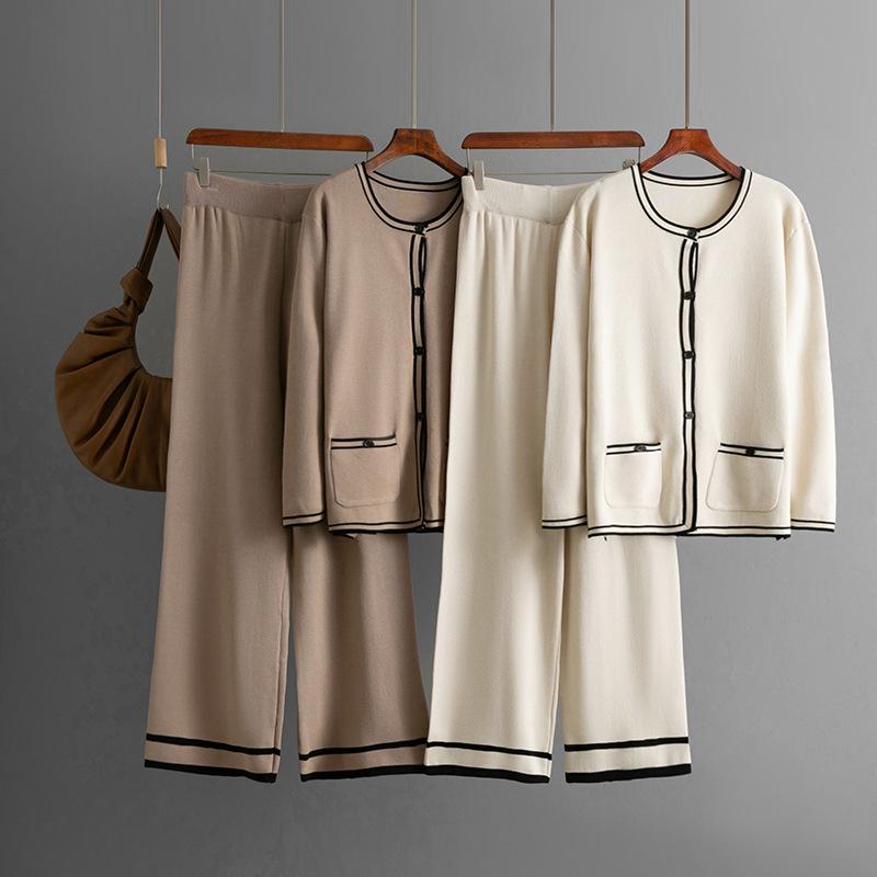 Модный комплект Женский осенне-зимний вязаный кардиган свитер повседневные брюки с широкими штанинами комплект из двух предметов