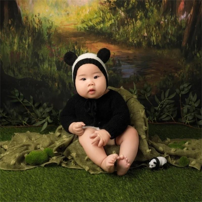 Костюм для детской фотосессии, реквизит, комбинезон с длинным рукавом и шапочка панды для младенца, боди для новорожденного, приятный к коже наряд для детской фотосессии