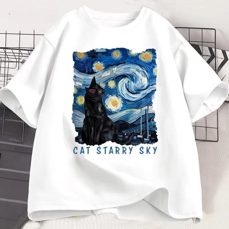 Cute Black Cat Starry Sky Night Vintage Tshirt Unisex WOMEN Cotton Short Sleeve Round Neck Tshirt Casual Graphic Tshirt Clothes