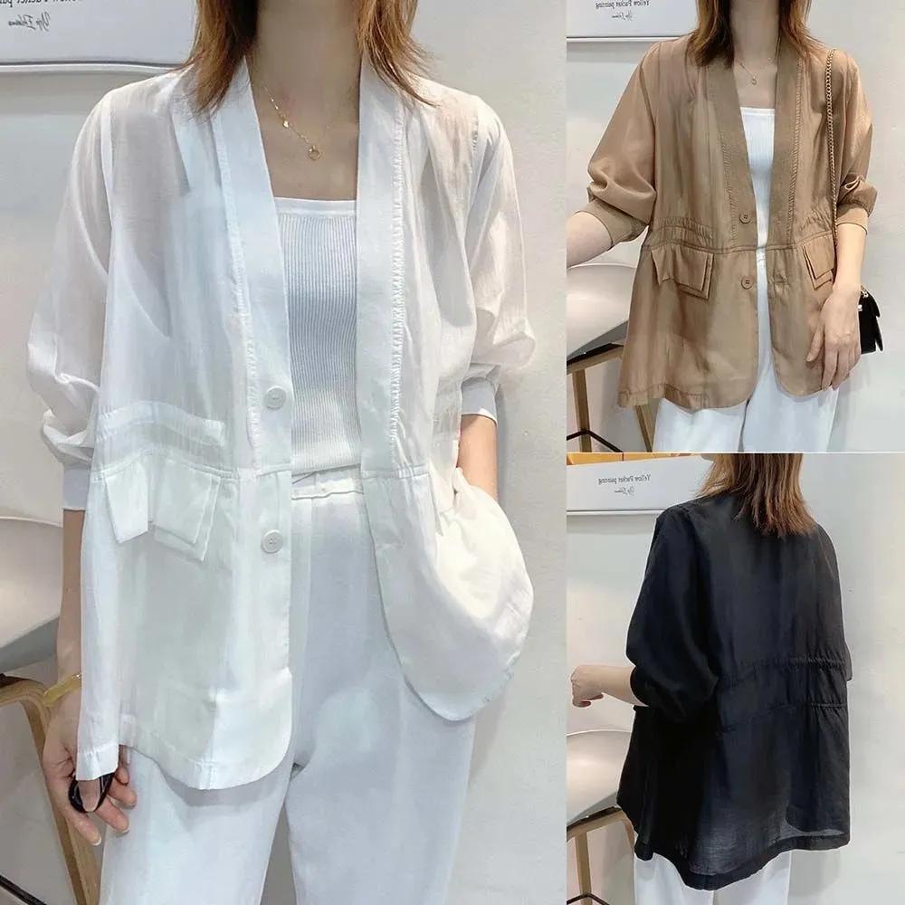 Women's Spring and Summer Solid Color Thin Blazer Temperament Cardigan Long-sleeved Commuter Tops