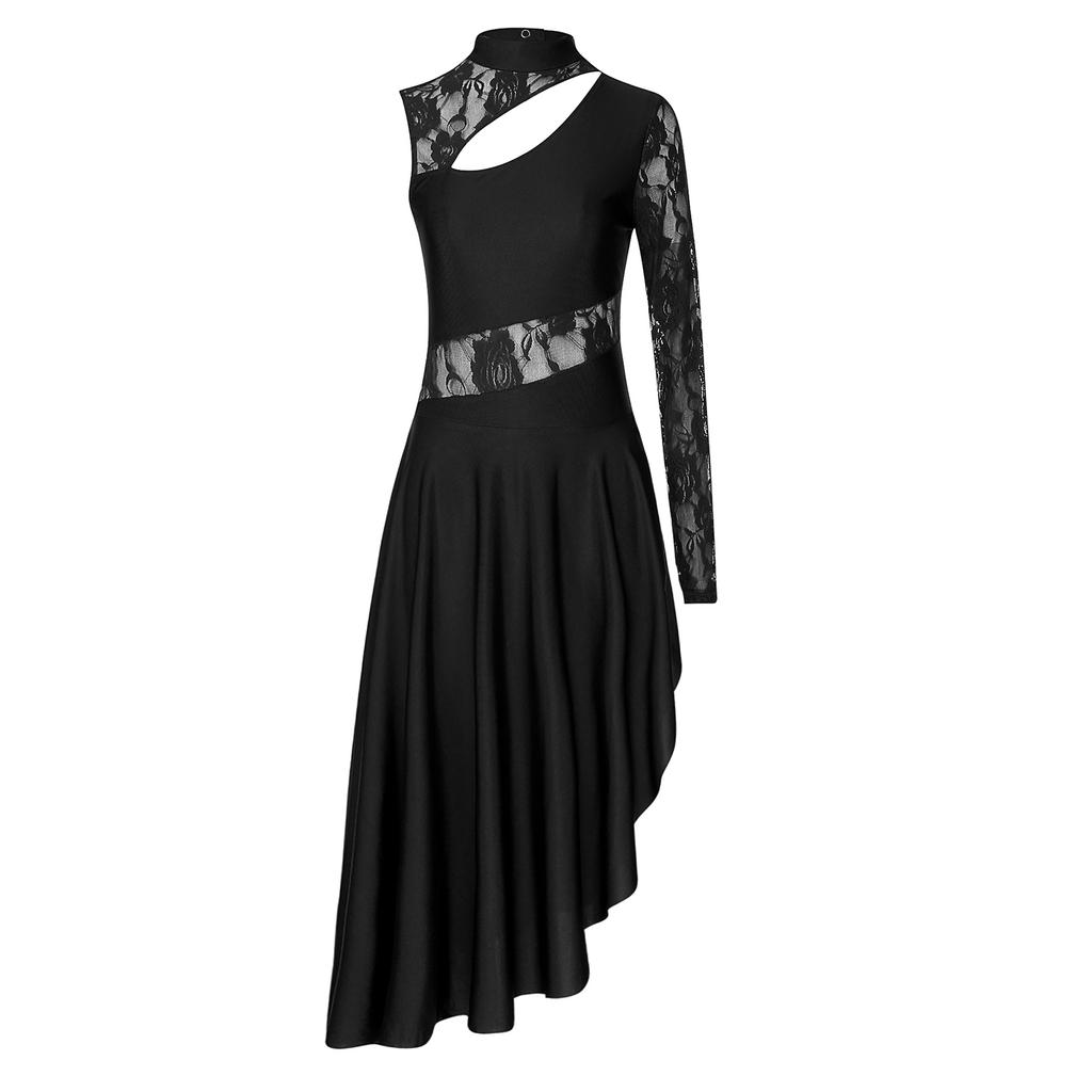 Женский танцевальный костюм, прозрачное кружевное лоскутное платье с вырезом на одно плечо, с длинным рукавом, платья с разрезом по бокам