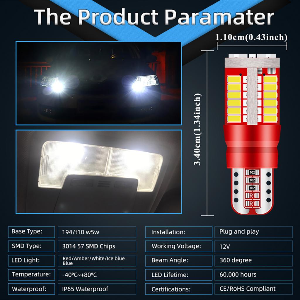 50/100 шт. Светодиодные лампы T10 W5W 194 для подсветки салона автомобиля, сверхяркий дневной ходовой свет, Canbus 12 В, лампа подсветки номерного знака 57SMD 3014
