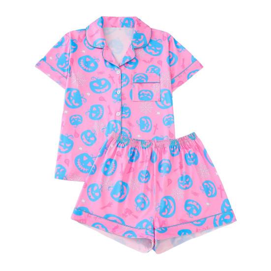 Комплект женской пижамы на Хэллоуин с принтом призрака и тыквы, рубашки с коротким рукавом на пуговицах и шорты, комплект одежды для сна из 2 предметов, домашняя одежда, короткий комплект пижамы