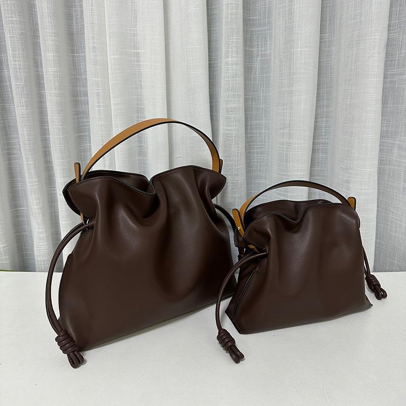 New Soft Cowhide Drawstring Lucky Bag Bucket Bag Size Single Shoulder Crossbody Bag Multi-functional Pleated Bag