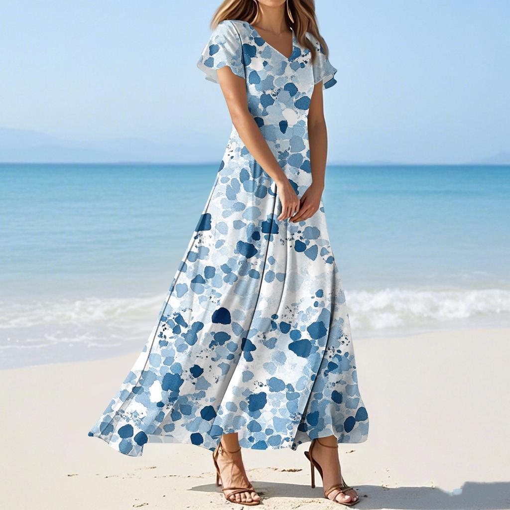 Женские летние повседневные модные платья с цветочным принтом, платья с V-образным вырезом и коротким рукавом