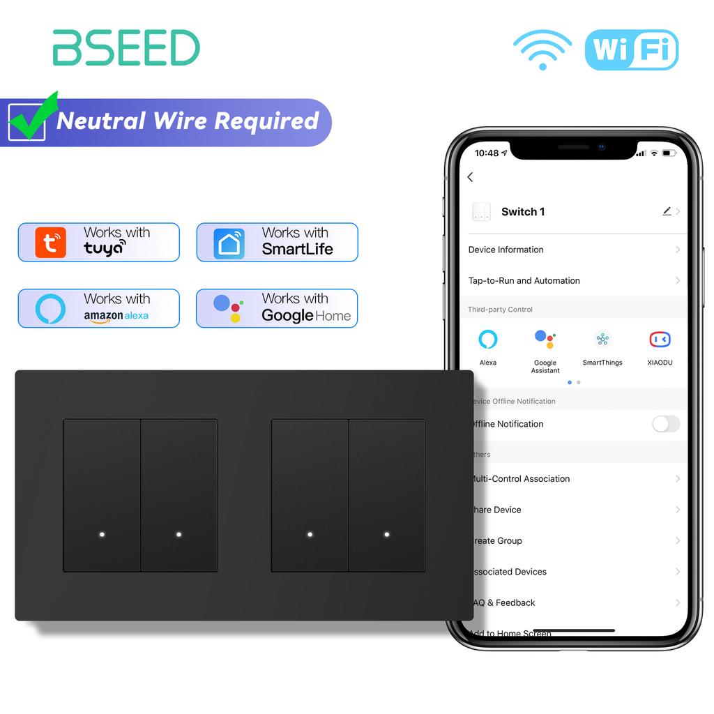 BSEED WIFI Click Switches Wall Smart Click Light Plastic Switches Yellow Backlight Plastic Frame EU Standard Tuya APP Switch