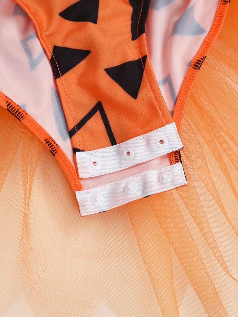 Girls Cavegirl Outfit Patchwork Tutu Dress Adjustable Strap Mesh Short Sleeve Built In Briefs 3D Bone Belt Prehistoric Costume