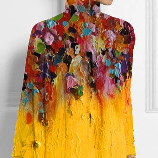 Осень-весна женский топ с красочным художественным принтом, высокий воротник, свободный неровный подол, длинный рукав, пуловер средней длины, мягкая цветная повседневная женская блузка