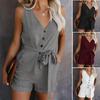 Women's Solid Color V-Neck Bow Jumpsuit, Summer 2024 Casual Five-Point Shorts