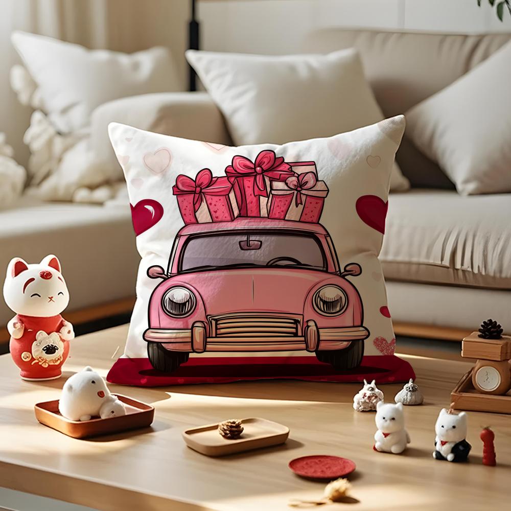 Valentines Day Cartoon Car Cushion Cover Silky Short Plush with Invisible Zipper Dustproof Sofa Pillow Case for Home Decor