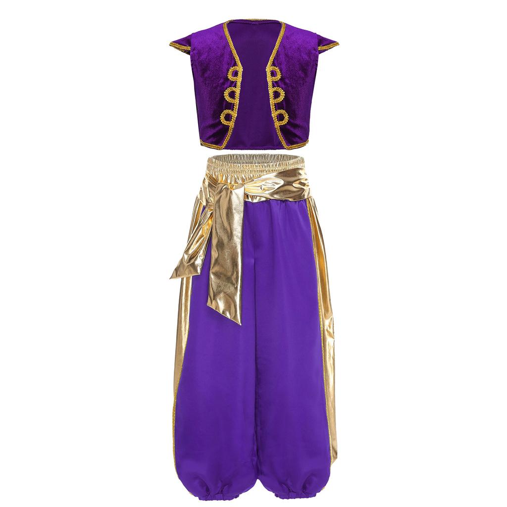 Boys Arabian Prince Costume Set Cap Sleeve Braided Vest Metallic Shiny Patchwork Contrast Color Bloom Pants