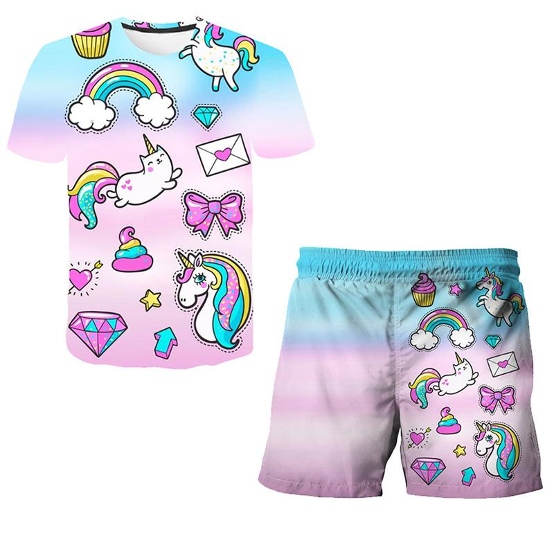 Children Girls Clothes Unicorn Baby Popular Print 3D Lovely Fashion T shirt+Short Pants Set Cartoon T Shirt 2Pcs Kids Suit