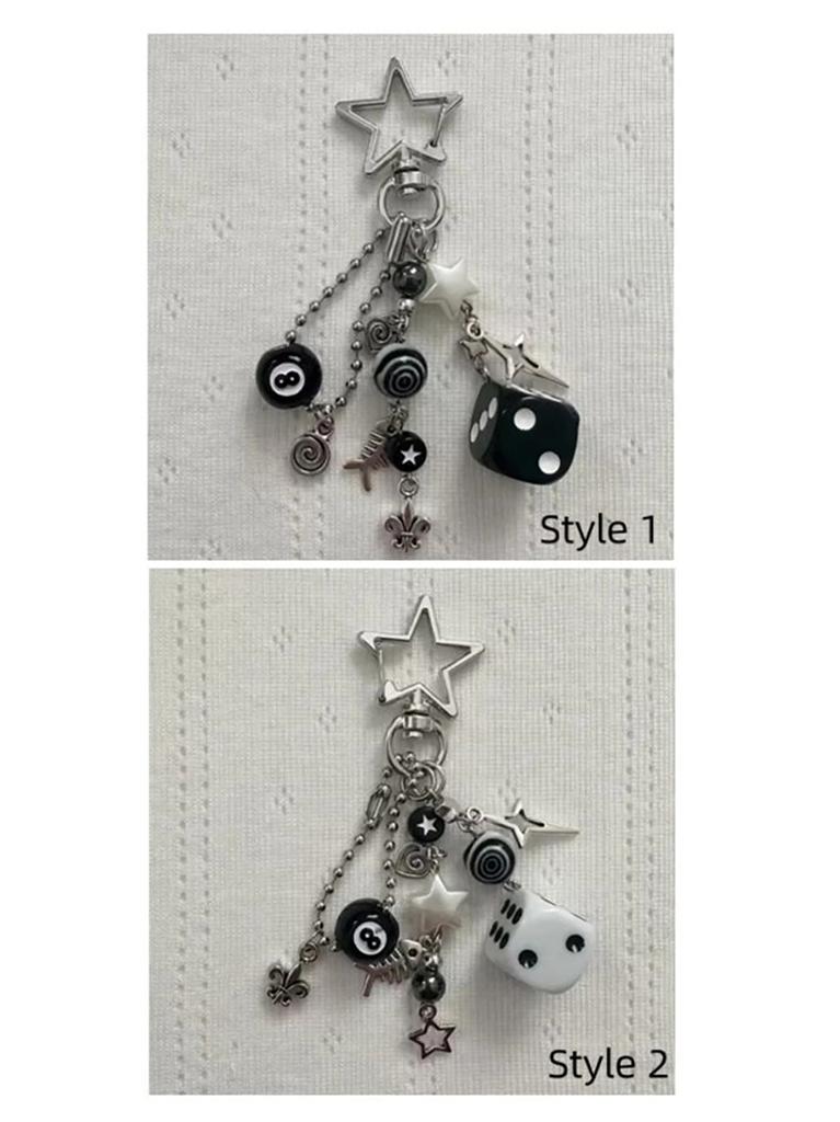 Handmade cluttered rockstar gf edgy black black & white dice keychains grunge, deftones, beaded jewelry, bag pendant, emo, ,