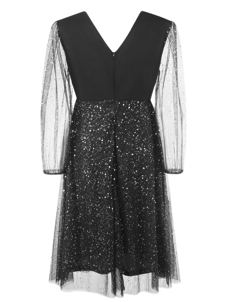 Плюс размер элегантное женское сексуальное платье миди с V-образным вырезом и прозрачными сетчатыми рукавами, пайетками, женское вечернее платье с оборками, красивая одежда больших размеров 2023-2024