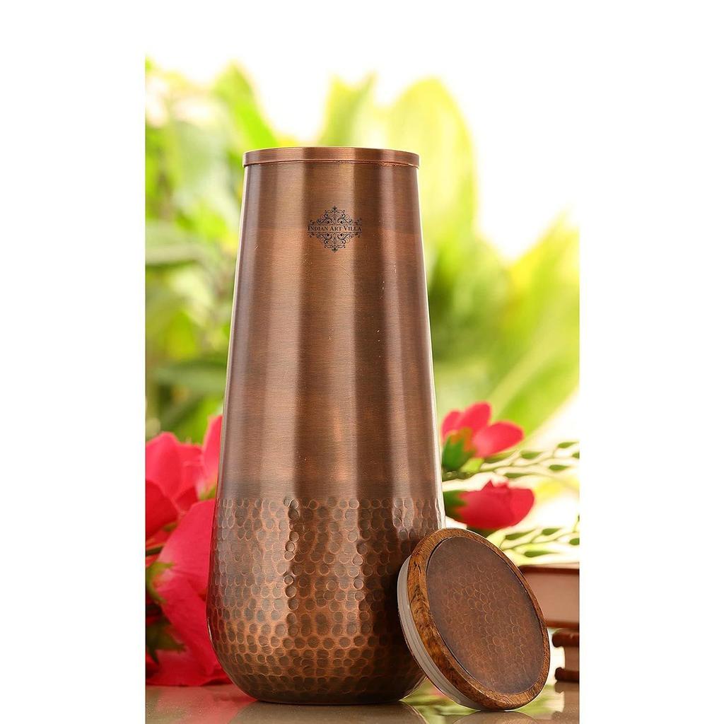 Pure Copper Bedroom Water Bottle with Wooden Lid, Aqua Vase Design with Bottom Hammered Dark Lacquer Finish - Volume 1300 Ml (Pack of 2)