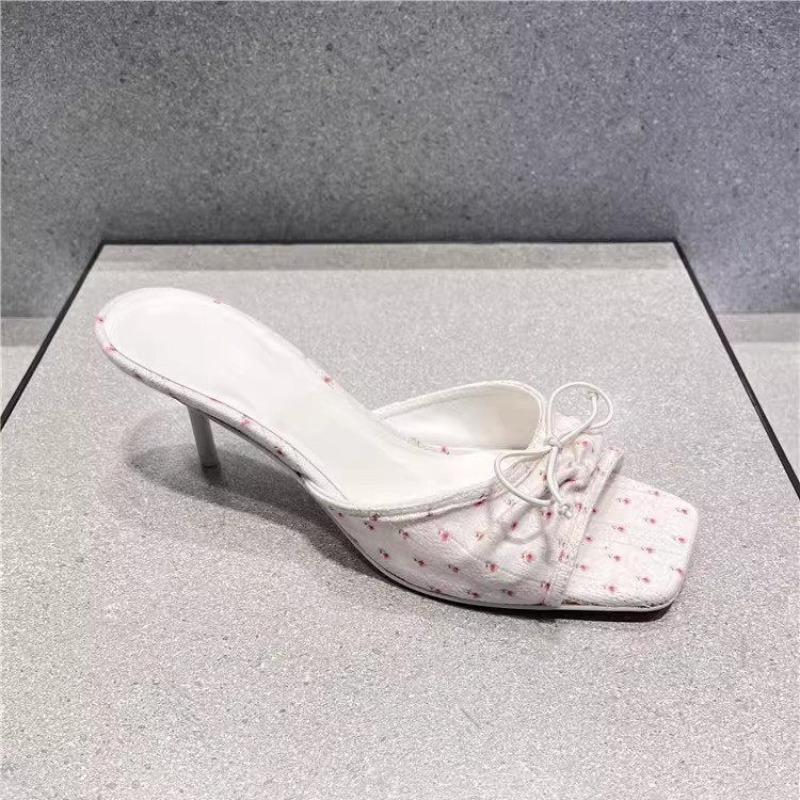 2025 Новые сандалии Женские мюли Туфли на высоком каблуке для женщин Летние с квадратным носком Открытый носок Сандалии с бантом Шлепанцы Женские