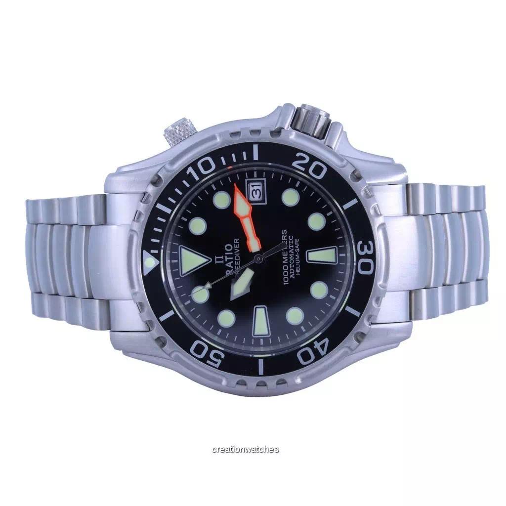 RATIO Автоматические мужские часы FreeDiver Helium Safe 1000M с черным циферблатом из нержавеющей стали 1066KE26-33VA-BLK