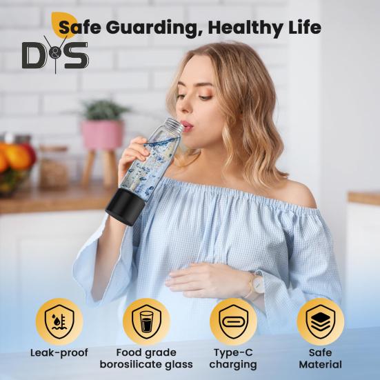 Генератор бутылки с водородной водой 460 мл, технология электролиза ионизированной мембраны, 3 мин, 2300+ PPB, перезаряжаемая бутылка для воды с водородом