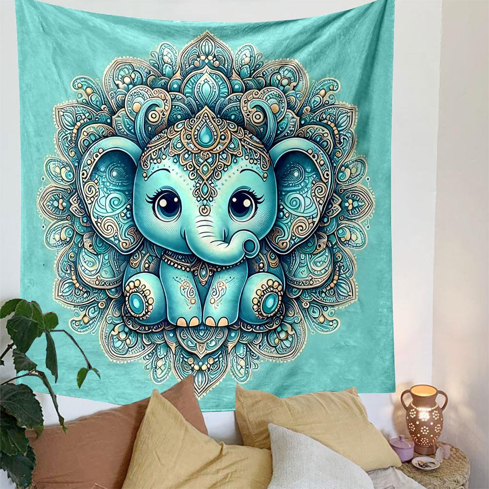 Mandala Baby Elephant Art Design Patterned Tapestry Decorative Wall Hanging, Home Bedroom Living Room Decor
