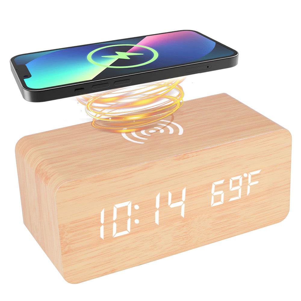 Desk Table Clocks Wooden Digital Alarm Clock Wooden Desk Digital Clock LED Display Temperature Phone Chargers Wireless Charger