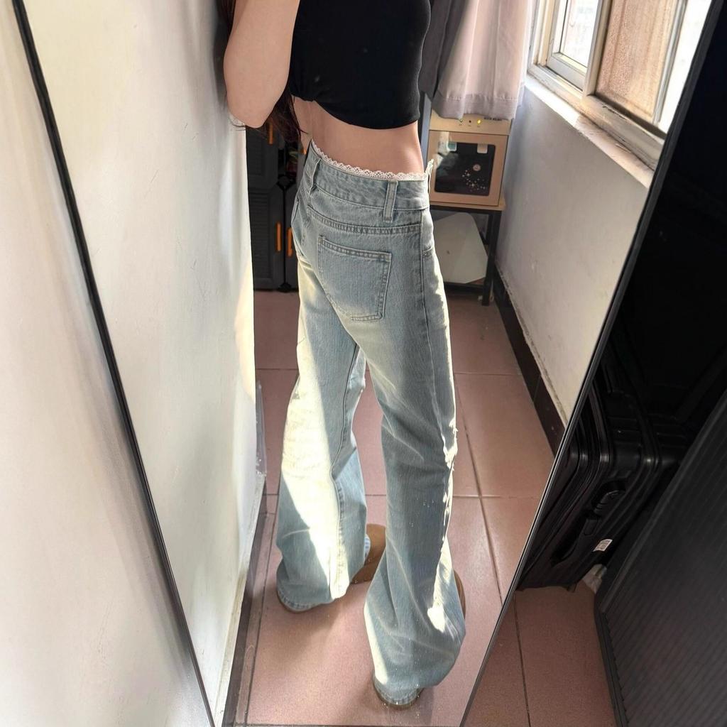JYL TS Women Lace Trim Flare Denim Trousers, Low Waist, Floor Length Slim Fit For Street Look