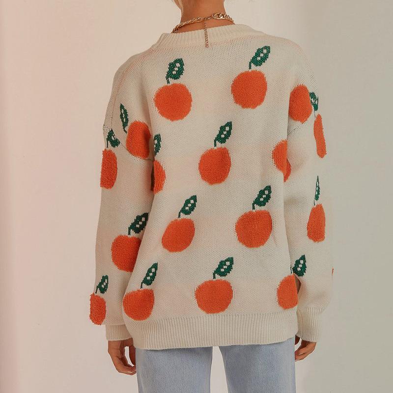 Осень и зима новый повседневный свободный свитер пуловер с круглым вырезом и длинными рукавами, вязаный, с оранжевым узором для женщин 3570 KTB