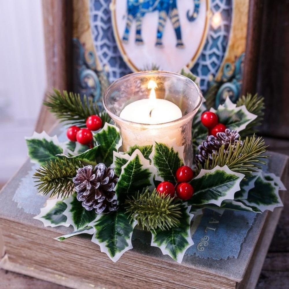 Red Berry Christmas Candle Ring Artificial Pine Needle Table Centerpiece Tabletop Centerpiece