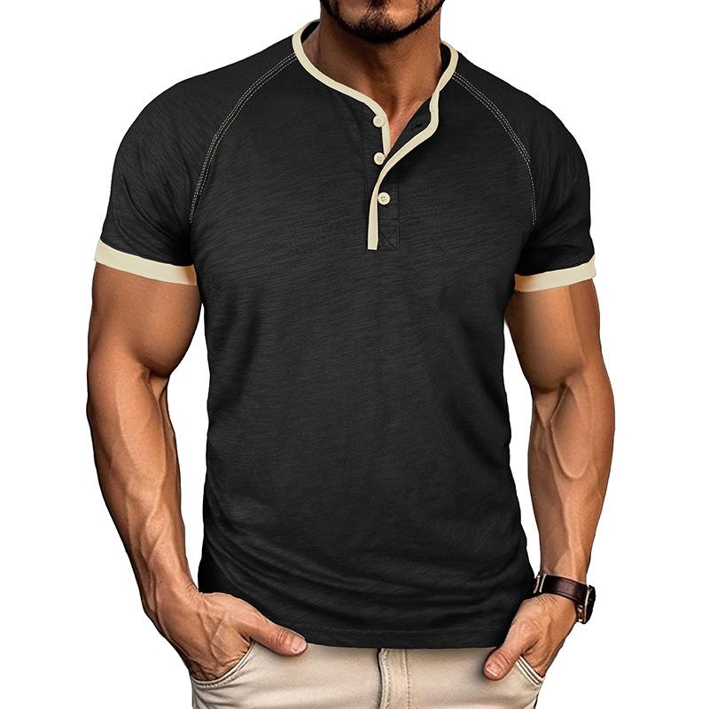 Men's Contrast Piping Raglan Henley T Shirt Placket Slub Cotton Short Sleeve Casual Summer Tee