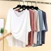 Half Sleeve T-shirt for Women Summer Thin Modal V-neck Base Shirt Oversized Loose Casual Mid Sleeve Front Short Back Long Top