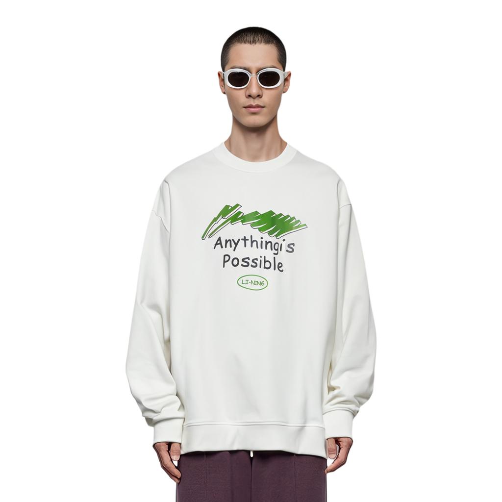 Li Ning Sports Fashion Series Удобная повседневная свободная толстовка с круглым вырезом и буквенным принтом Унисекс-толстовка Off-White AWDUE93-2
