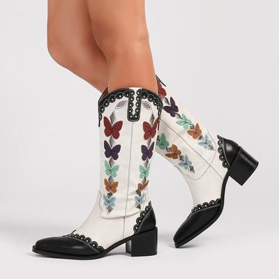 Модные Liyke Винтажные Женские Вышитые Бабочками Ковбойские Сапоги в Западном Стиле Сексуальные Ботильоны до Середины Икры с Острым Носком Осень Зима на Массивном Каблуке