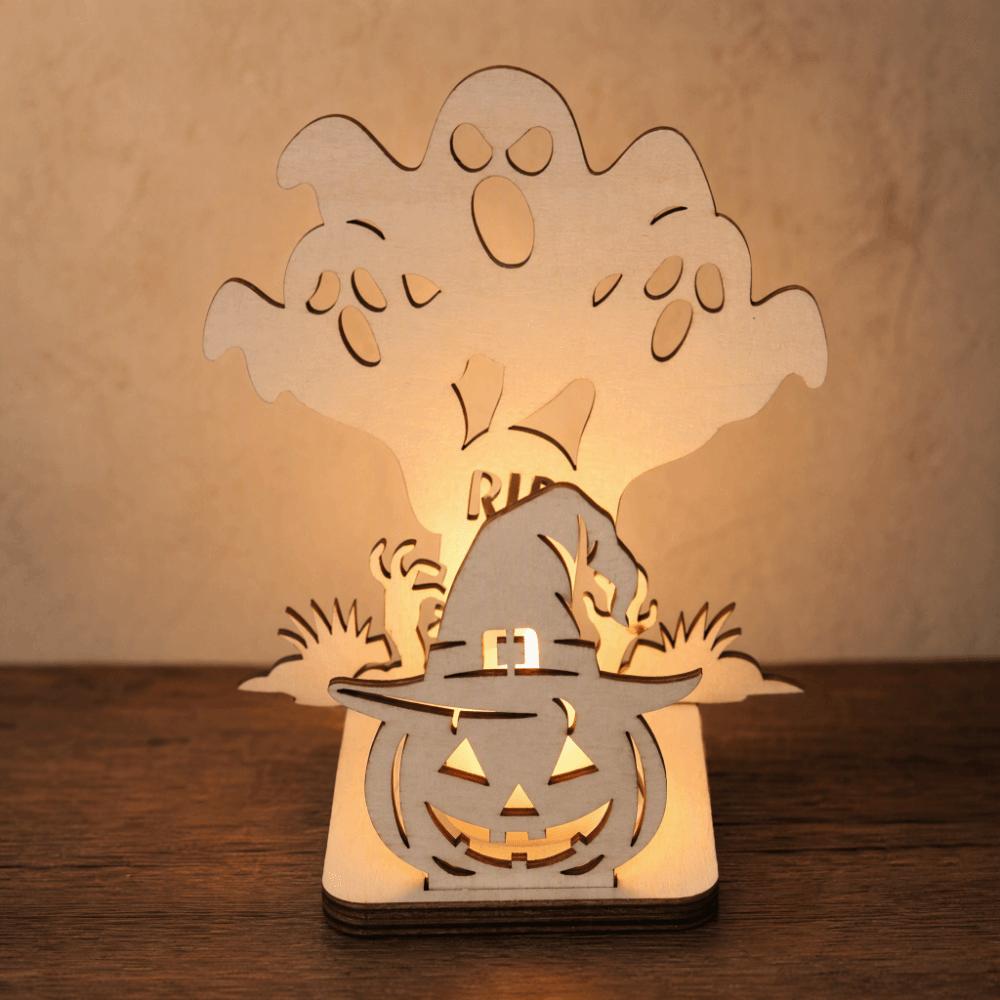 Wooden Material Shadow Projection Candle Holder Pumpkin Shape Halloween Candlestick Spooky Party