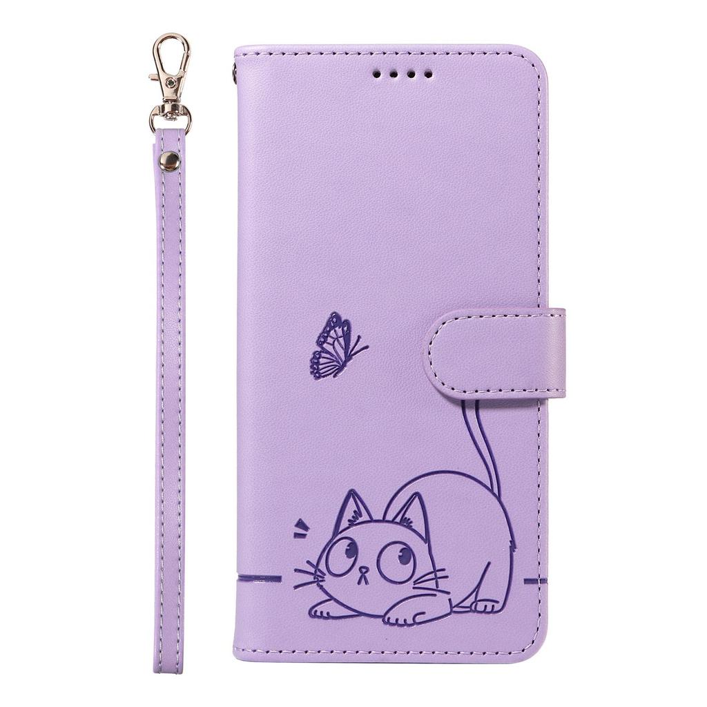 Leather Wallet Flip Case For OPPO Reno 15 Pro Max mini 15F 14 14F 13 13F 12 12F 11 11F 10 Cat and Butterfly Embossed,Wrist Strap